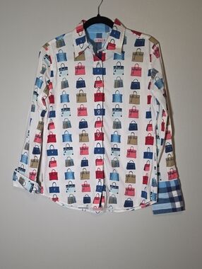 tizzie White Button-Down Shirt with Multicolor Handbag Print